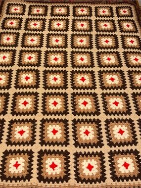 Handmade Brown & Cream Crochet Throw with Red Accents